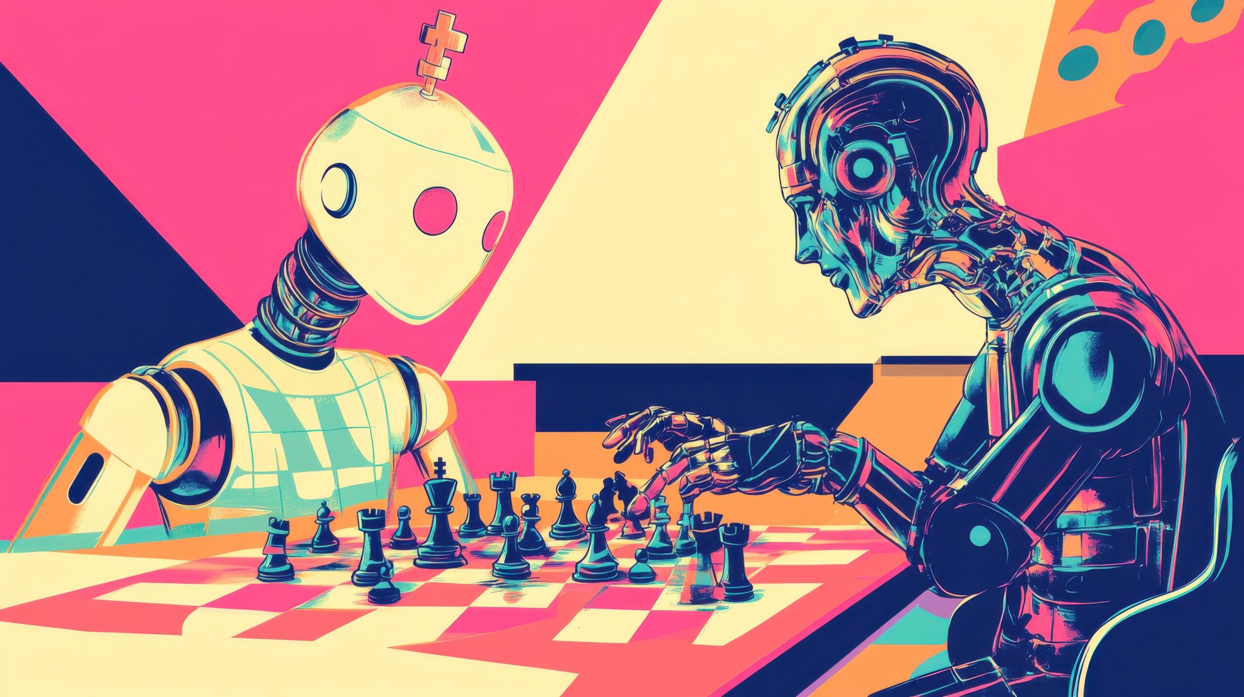 Psyche-driven chess engine — two AI robots playing an intense chess match, representing emotional AI in game playing